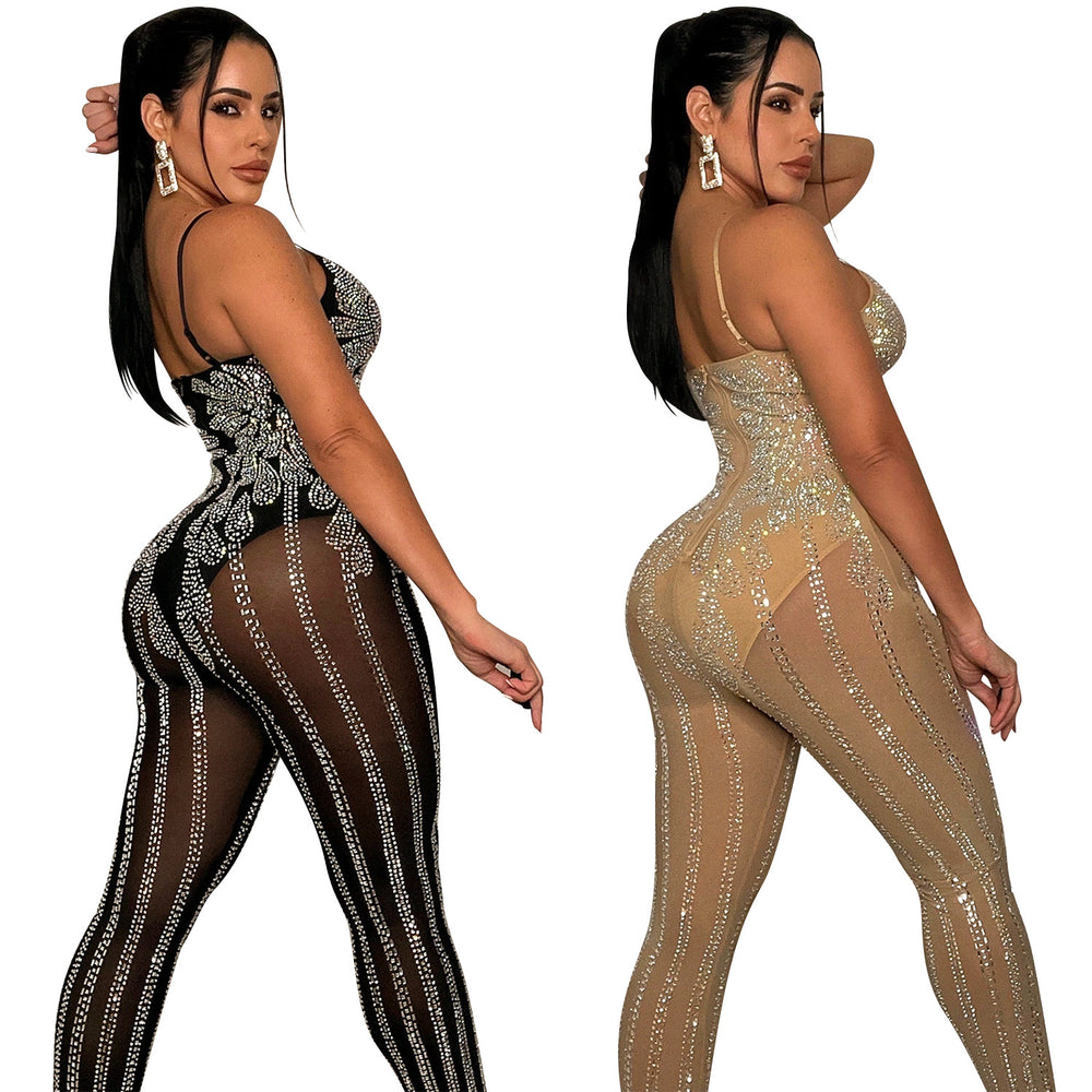 C5866 cross-border fashion nightclub mesh rhinestone see-through suspender jumpsuit women's clothing for  and