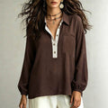 Casual patchwork plus size shirt - collared, color block placket, loose fit, slimming long sleeve women's top