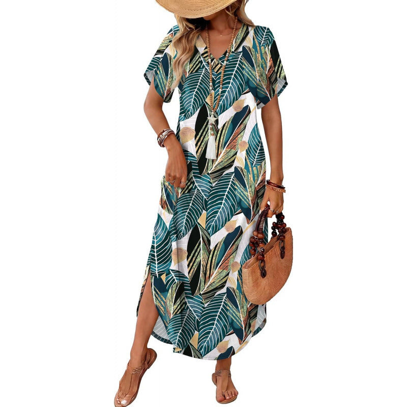 Amazon short-sleeve dress v-neck tank dress  summer new arrival side slit casual beach dress