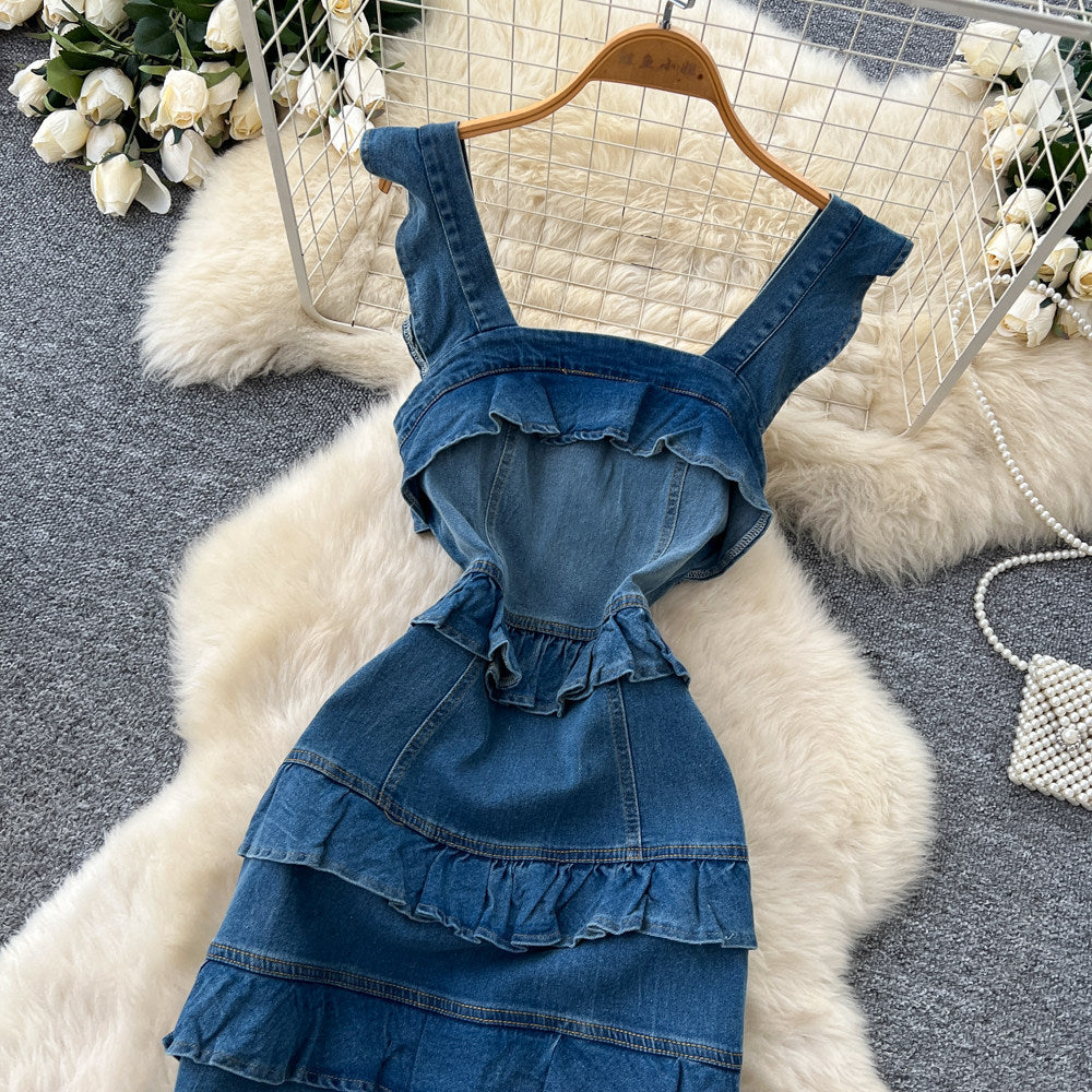 French romantic blue denim ruffle trim cami cake dress - women's summer square neck, slimming & chic