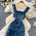 French romantic blue denim ruffle trim cami cake dress - women's summer square neck, slimming & chic