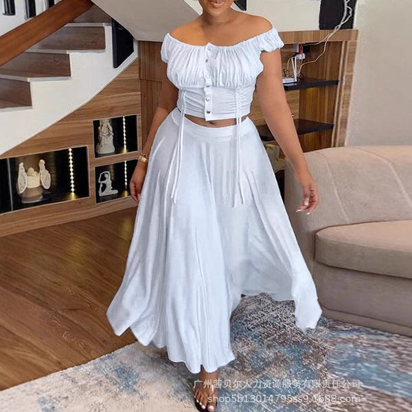 LZR19414 short-sleeved pleated short drawstring top set high-waisted A-shaped loose long flared skirt set