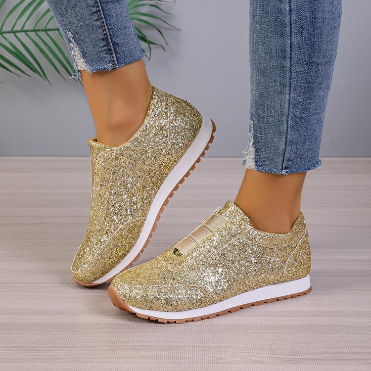 European and american plus size women's winter  new collection: sequin fabric shoes, athletic casual flats, round toe, cross-border e-commerce
