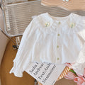 Autumn new arrival: 100% cotton long-sleeve shirt for girls - all-season wear with peter pan collar, lace trim, and clover appliqué