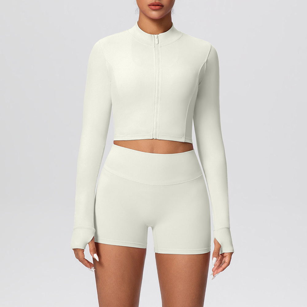 High-waisted, butt-lifting, form-fitting athletic shorts with a zip-up outer layer – a barely-there, casual running and fitness outfit set, perfect for yoga