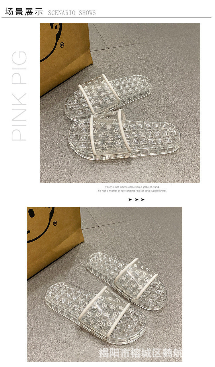Influencer-approved clear crystal slippers for women - summer outdoor wear, non-slip printed glass slippers, fairy-tale princess style, korean fashion