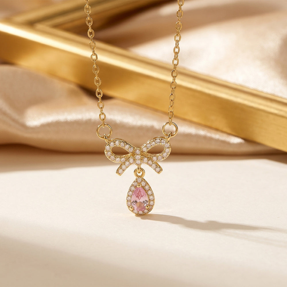 Popular popular smart sweet bow water drop necklace accessible luxury niche women's inlaid zirconium non-fading clavicle chain jewelry