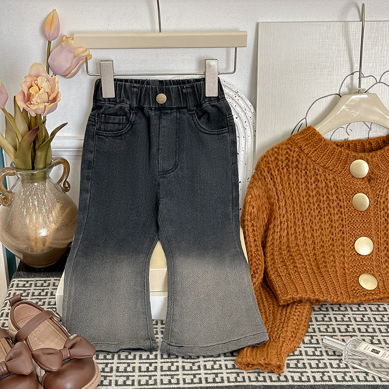 Girls' spring  new korean style knitted thickened sweater and tie-dye denim flare pants two-piece set for children