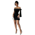 Amazon independent station elegantelegance shoulder patchwork ribbon black silm a-line shortdress