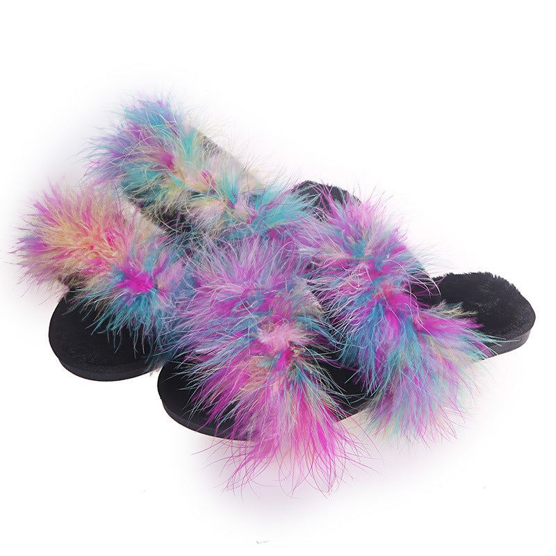 Turkey feather slippers for women outwearexport cotton slippers fashionfashion fur home flatscolorful fur slippers