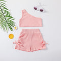 Summer kids' tank top & shorts set - european & american style - solid color off-shoulder cami with shorts - girls' short sleeve outfit (2-piece)