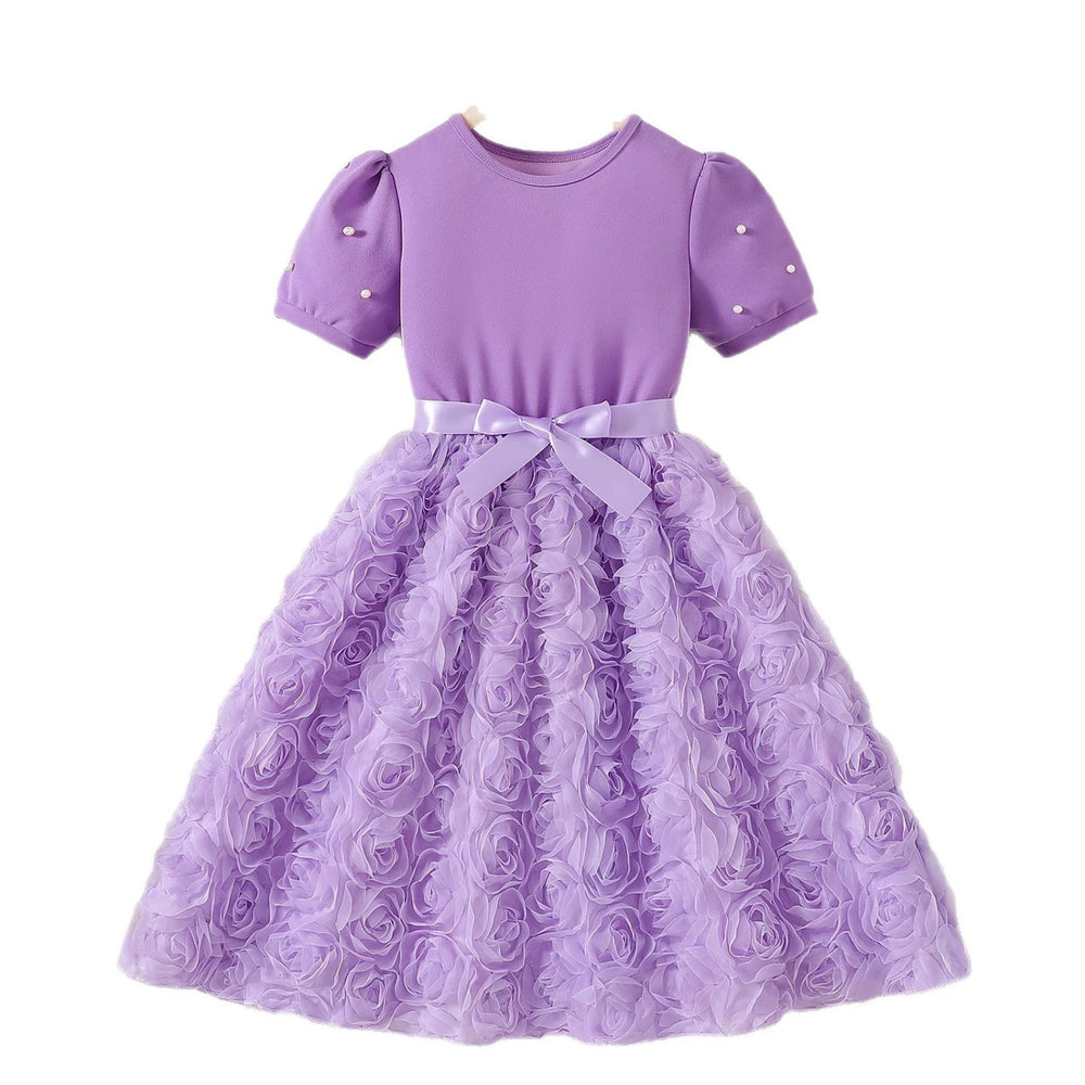 summer girls' purple pearl bubble sleeve princess dress with bow and 3d rose detail - trendy formal dress