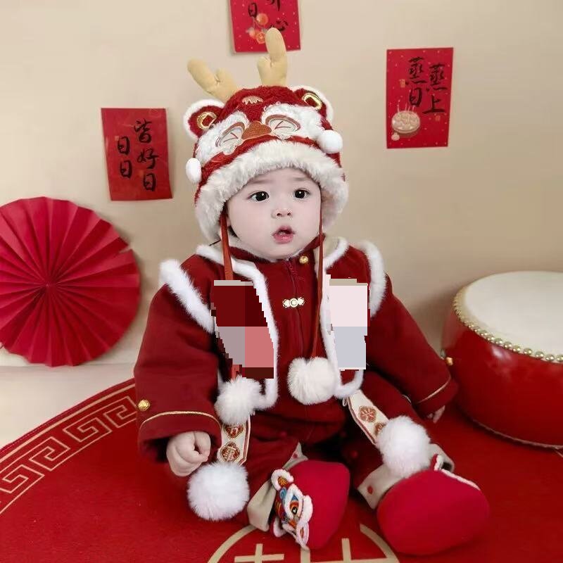 Baby winter onesie new year's greeting clothes winter dragon year first birthday clothes for boys and girls happy new year festive outing clothes