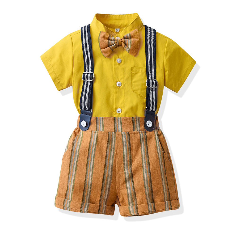 K-stylesummersuit boysfashionable shirt short-sleeved stripes pants suspenders kids summer clothing thin handsome trendy children's clothing