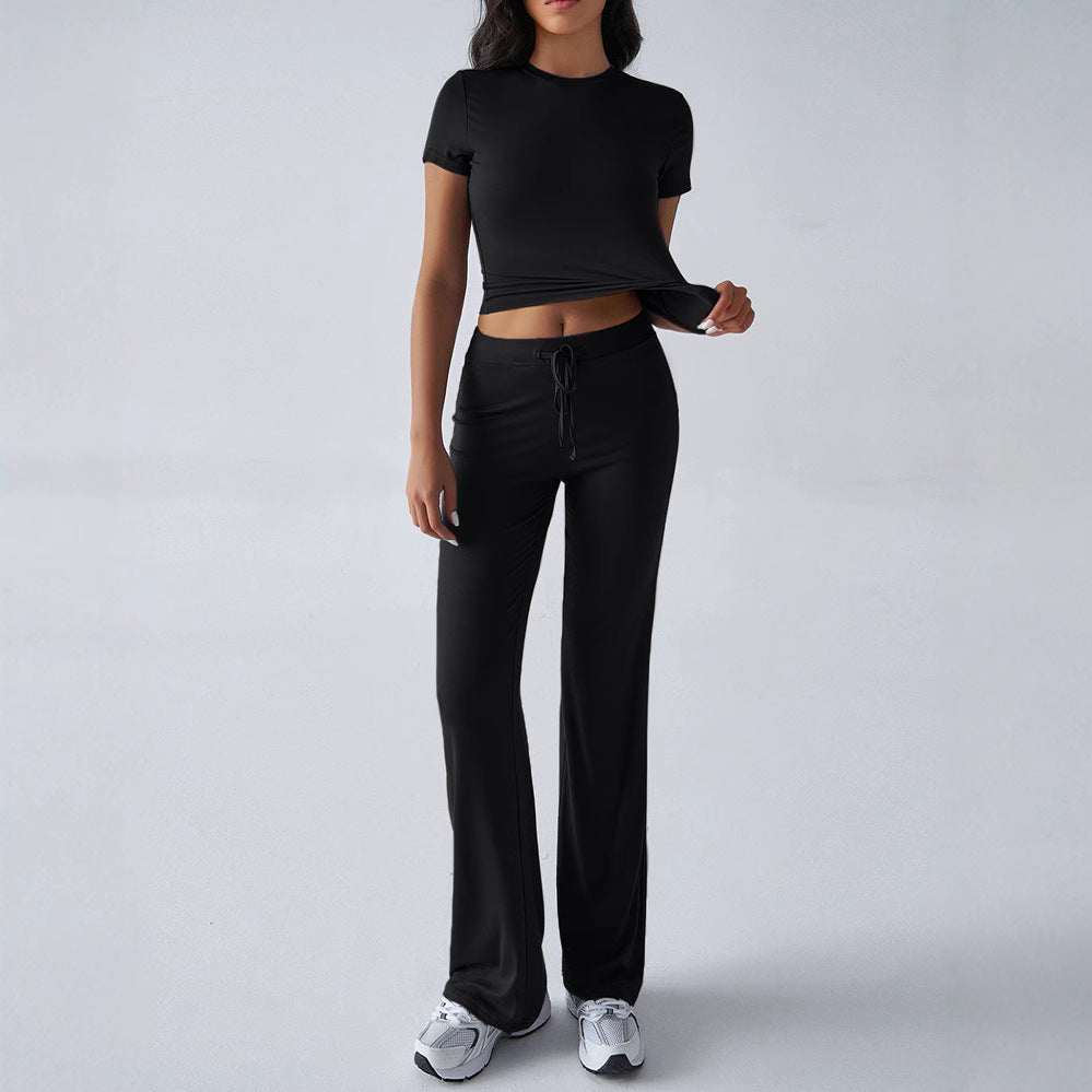 2025 european and american new arrival cross-border women's spring/summer elegant solid color crew neck casual fashion set - short sleeve top and long pants