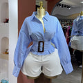 European and american cross-border women's fashion:  autumn new arrival - designer collared, cinched waist, tie-waist, short striped long-sleeve shirt