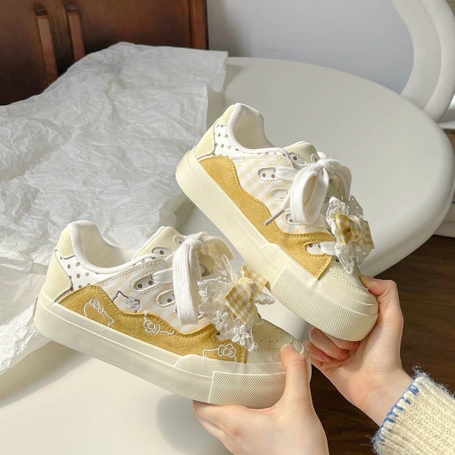 Dopamine hot-selling sneakers women's 2026new arrivalbowsthick solewhite shoeseasiest for matchniche style shoes bread shoes