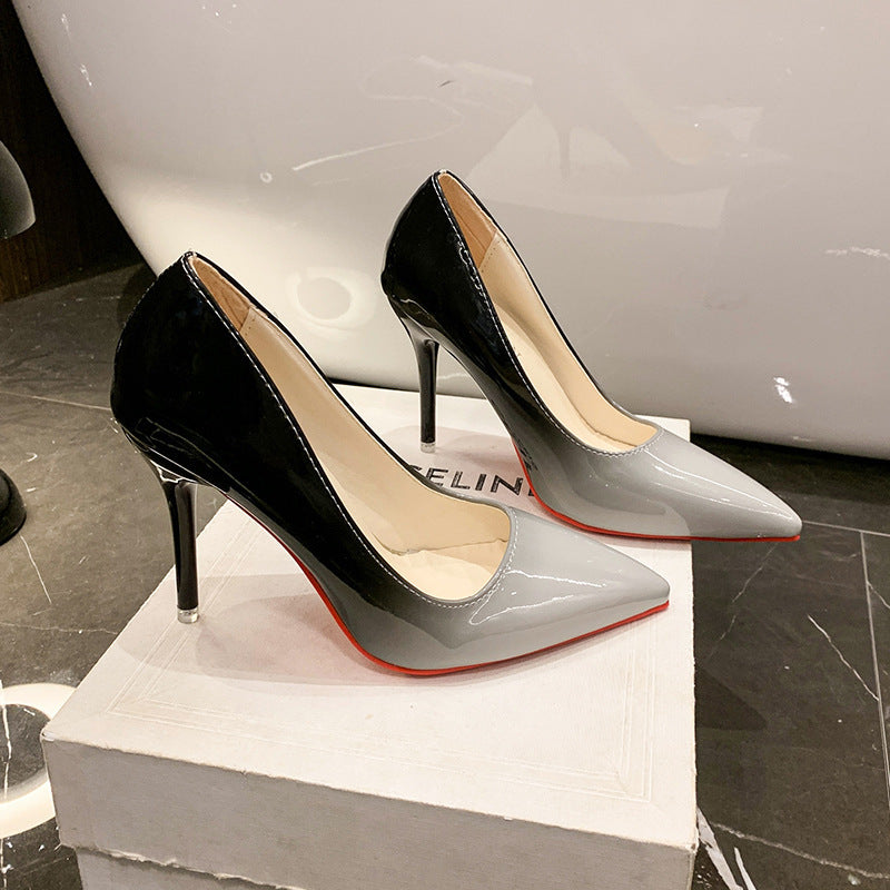 Plus size women's fashion high heels, stiletto heel 6-8cm, color block pointed toe work shoes, patent leather fashion pumps