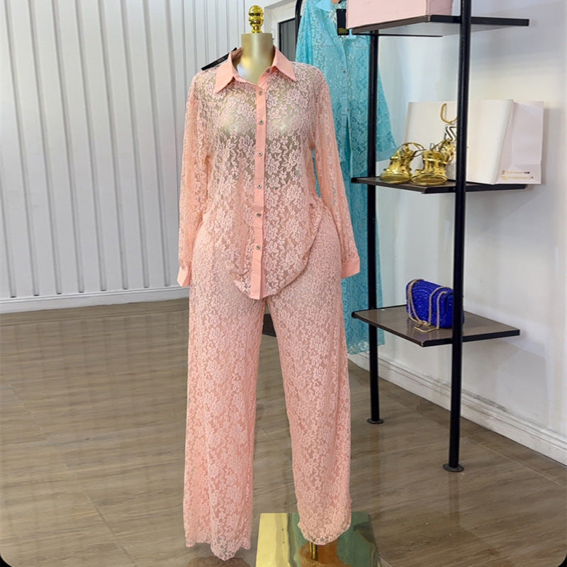 European and american cross-border women's fashion  autumn new arrival casual lace loose see-through long sleeve shirt wide leg pants set