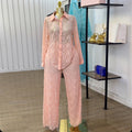 European and american cross-border women's fashion  autumn new arrival casual lace loose see-through long sleeve shirt wide leg pants set
