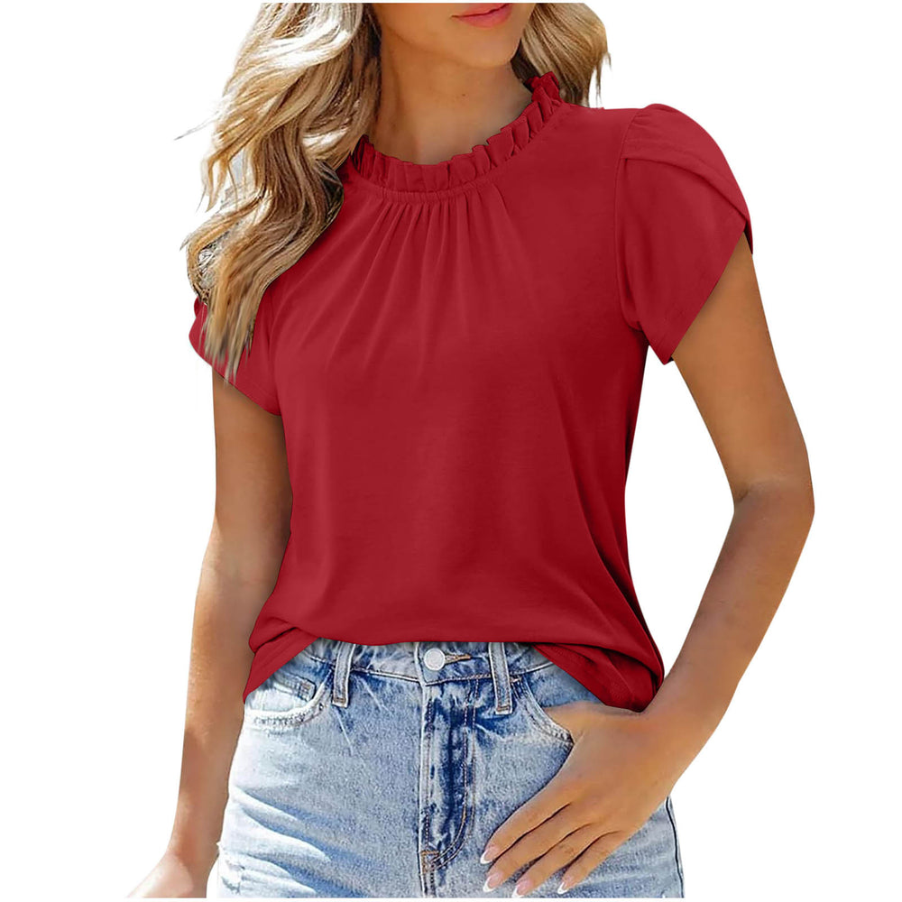 cross-border women's solid color button-down crew neck short sleeve ruched top