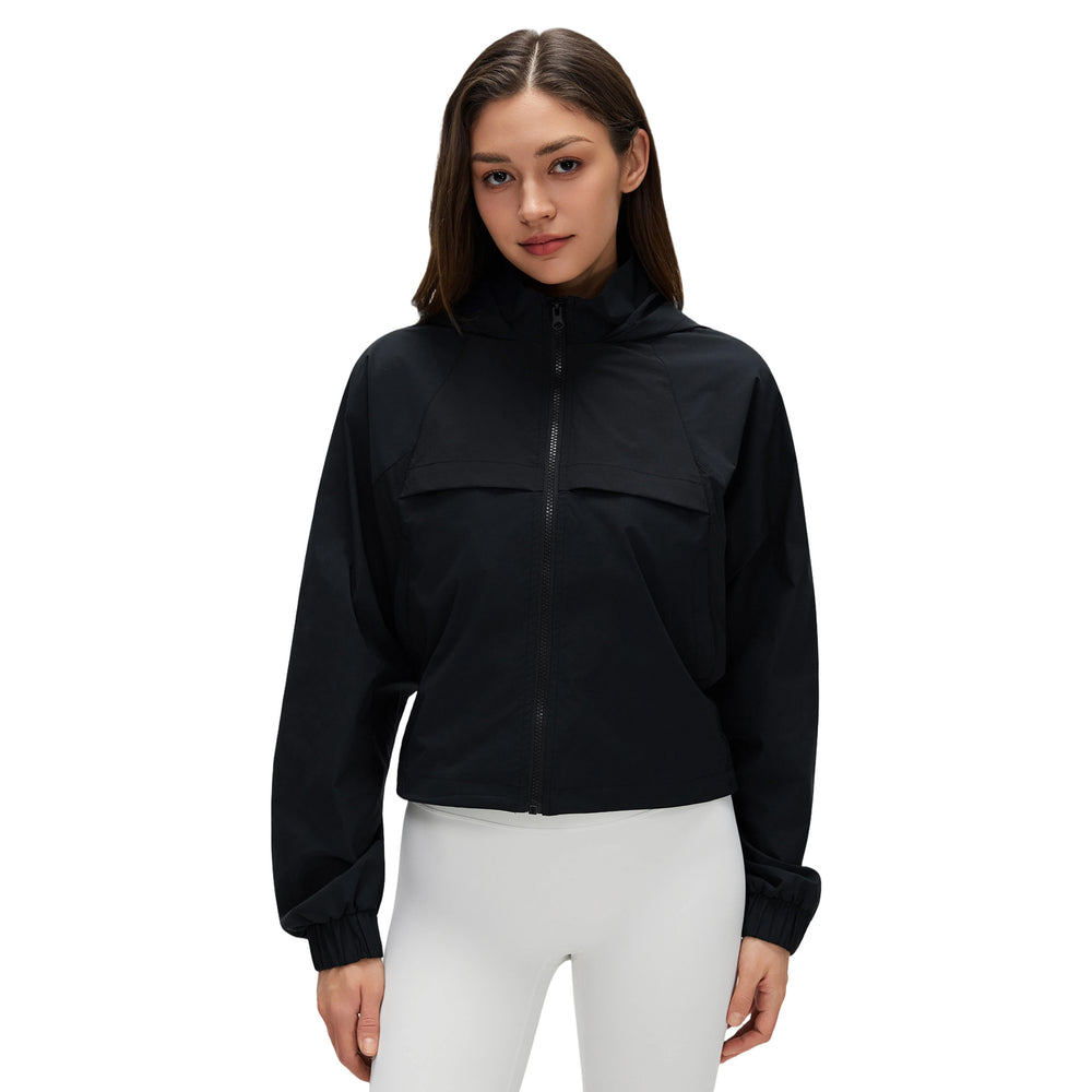Women's outdoor hooded water-resistant jacket - short, versatile, loose fit, quick-drying, breathable, zip-up sports jacket d26036