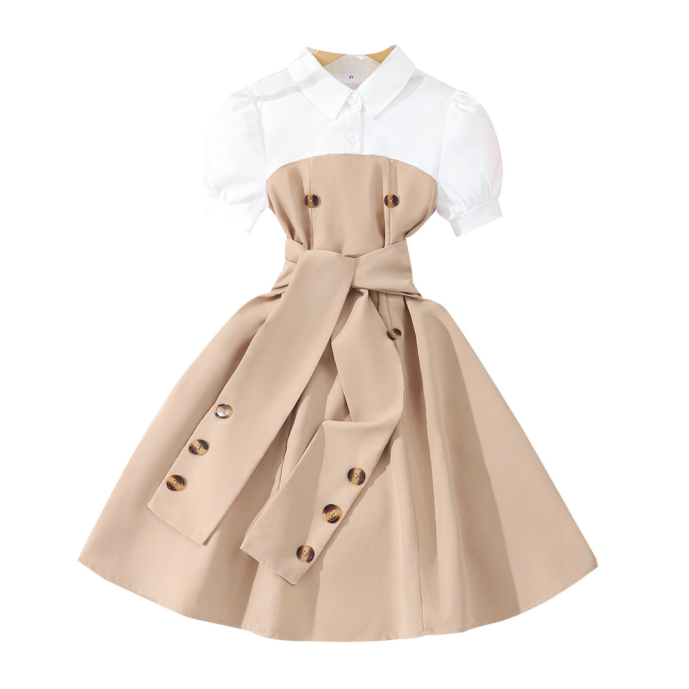 Children's short-sleeved lapel button patchworkcontrast colordress