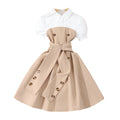 Children's short-sleeved lapel button patchworkcontrast colordress