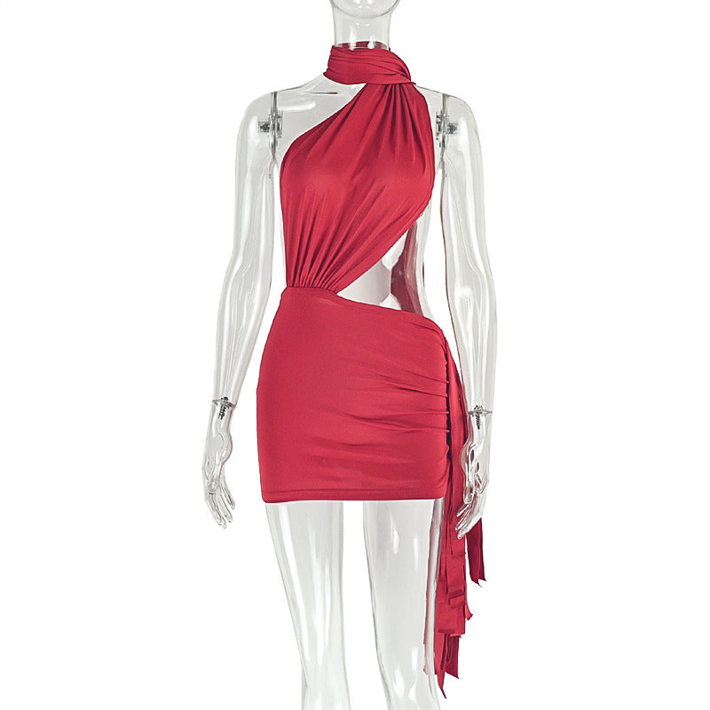 European and american style foreign trade street fashion women's patchwork backless solid color bodycon skirt tie-up ruched asymmetrical dress