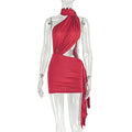 European and american style foreign trade street fashion women's patchwork backless solid color bodycon skirt tie-up ruched asymmetrical dress