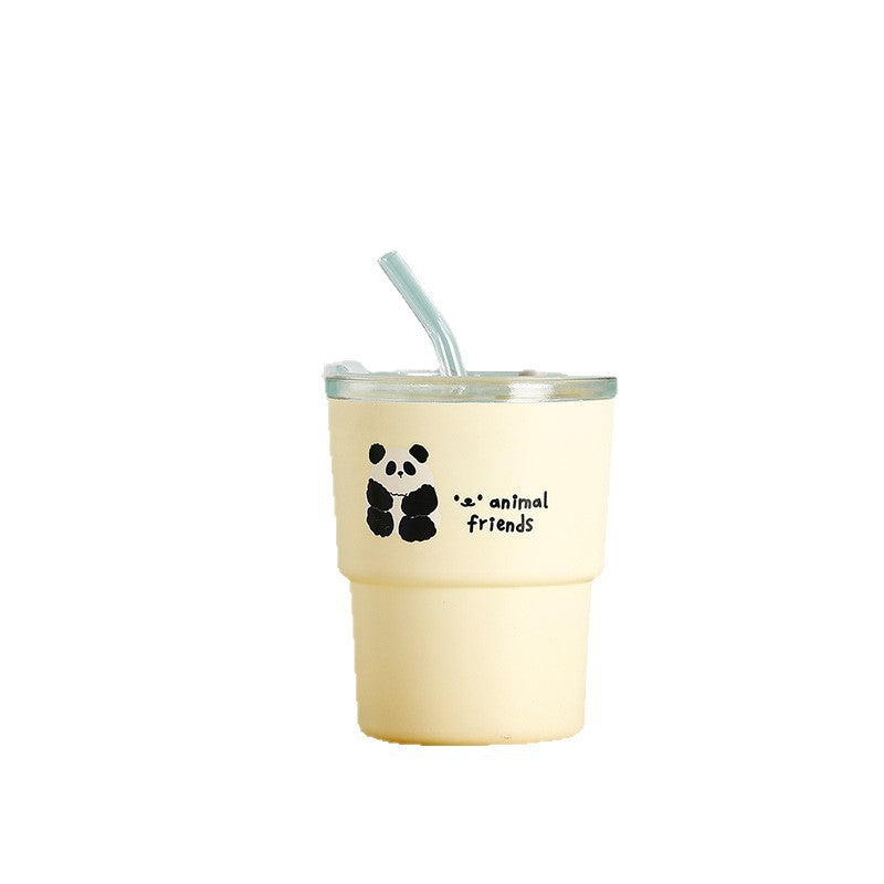 Cartoon double-walled glass straw cup - stylish office water bottle, trendy coffee mug, promotional gift cup