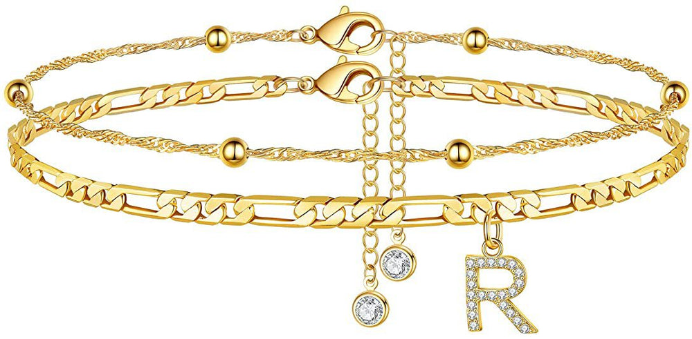 export hot-selling 26-letter anklet, zircon letter anklet, minimalist fashion seed bead cuban double-layer anklet