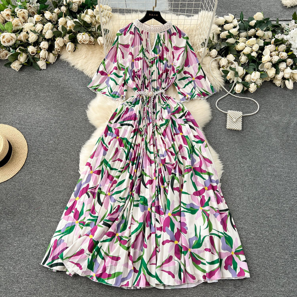 European style plus size women's high-end printed, heavily beaded, pleated long formal dress with pleated skirt - elegant women's dress