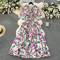 European style plus size women's high-end printed, heavily beaded, pleated long formal dress with pleated skirt - elegant women's dress