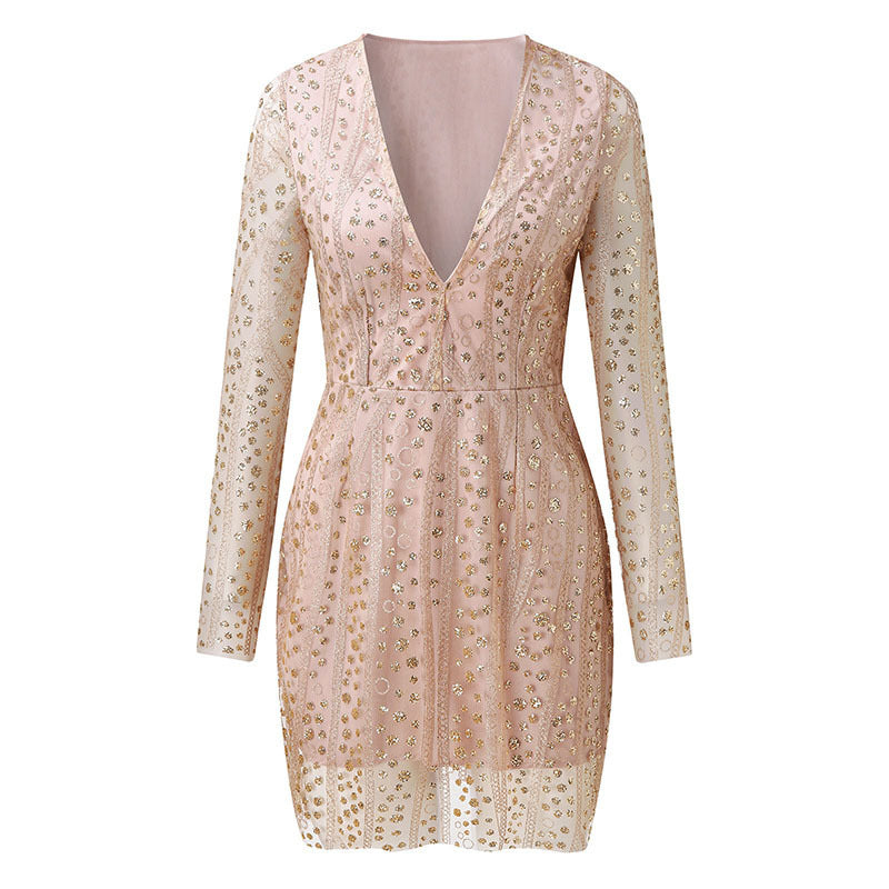 cross-border e-commerce fashion women's apparel:  direct sales deep v long sleeve sequin dress - evening gown