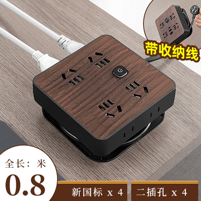 Double shell wood grain socket panel desktop multi-functional for homeusb charging socket with cable plug inspection and drag socket board