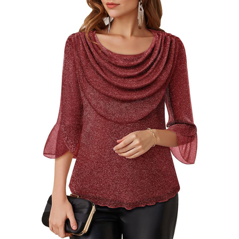 Amazon fashion retrocasual three-quarter sleeve shirt for women summernew arrival swing collar shinytops