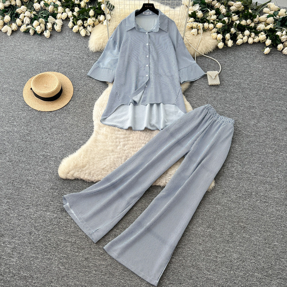 Lazy style stripesshirtloose pantstwo-piece set female summer lapel casualcasualelegantsuitsense of design