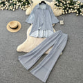 Lazy style stripesshirtloose pantstwo-piece set female summer lapel casualcasualelegantsuitsense of design