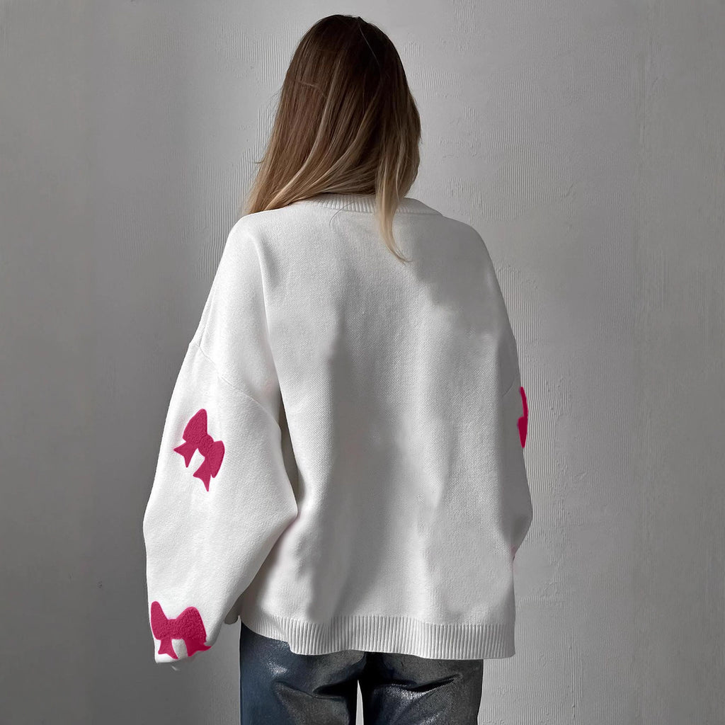 European and American  sweet wind pink bow crew neck pullover loose casual knitted sweater autumn and winter women's clothing