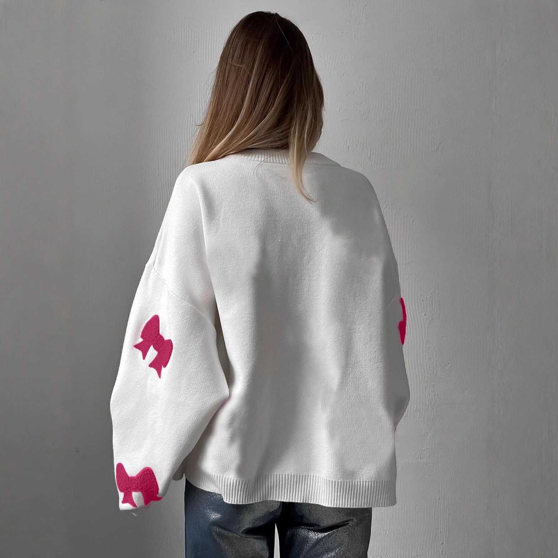 European and American  sweet wind pink bow crew neck pullover loose casual knitted sweater autumn and winter women's clothing