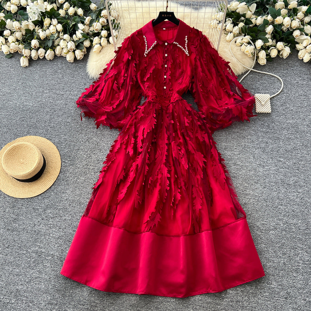 Frenchclassy heavy industry nail drill lapel lantern sleeve waist mesh tassel patchwork large swing puffy dress for women