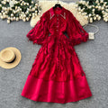 Frenchclassy heavy industry nail drill lapel lantern sleeve waist mesh tassel patchwork large swing puffy dress for women