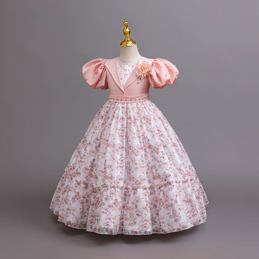 New wholesale children's dress, puff sleeve chiffon floral princess dress, girls' birthday dress, kids dress