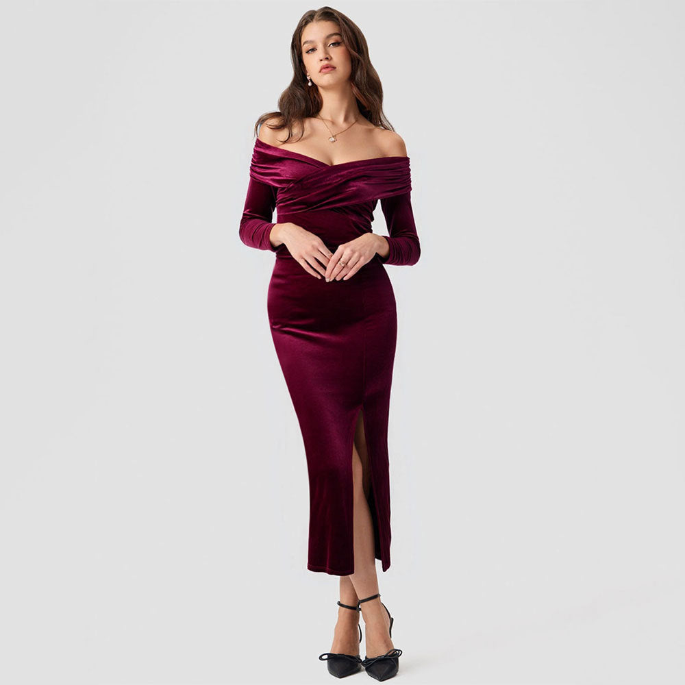 Fashion cross-border gold velvet silm hip-hugging dress women's new arrival cross v neck one-line collar off-shoulder slit long skirt
