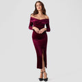 Fashion cross-border gold velvet silm hip-hugging dress women's new arrival cross v neck one-line collar off-shoulder slit long skirt