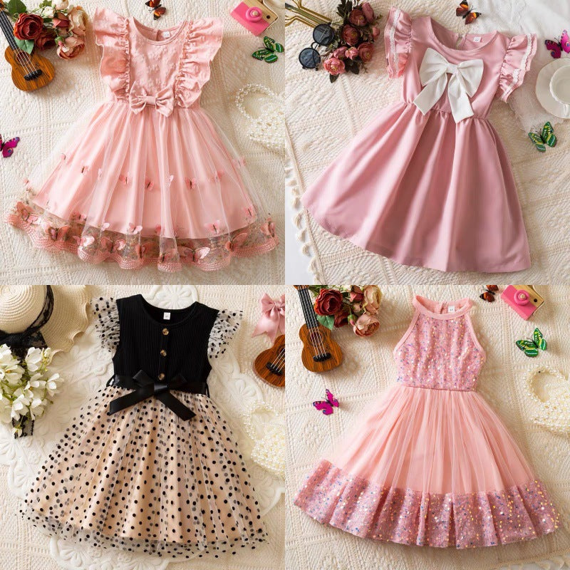 new girls' sleeveless dress - sweet bowknot mesh a-line dress for toddlers and young children - european and american style