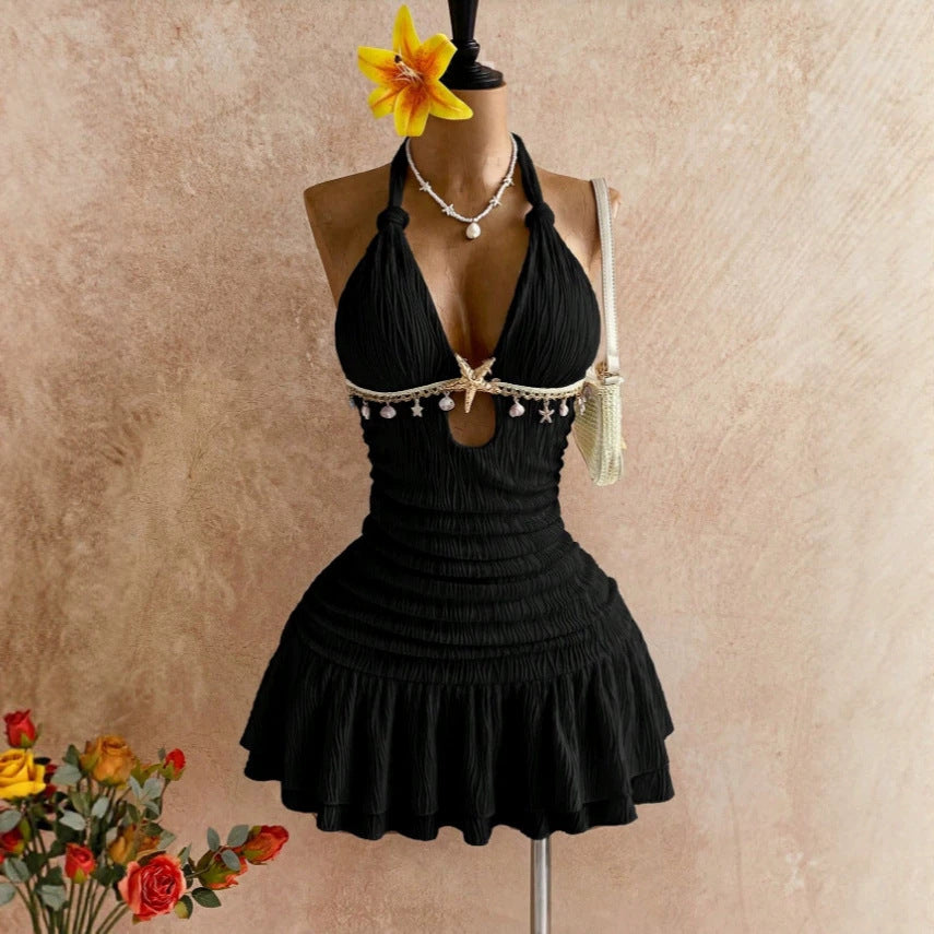 European and american cross-border   new backless sexy bodycon mini beach vacation women's dress
