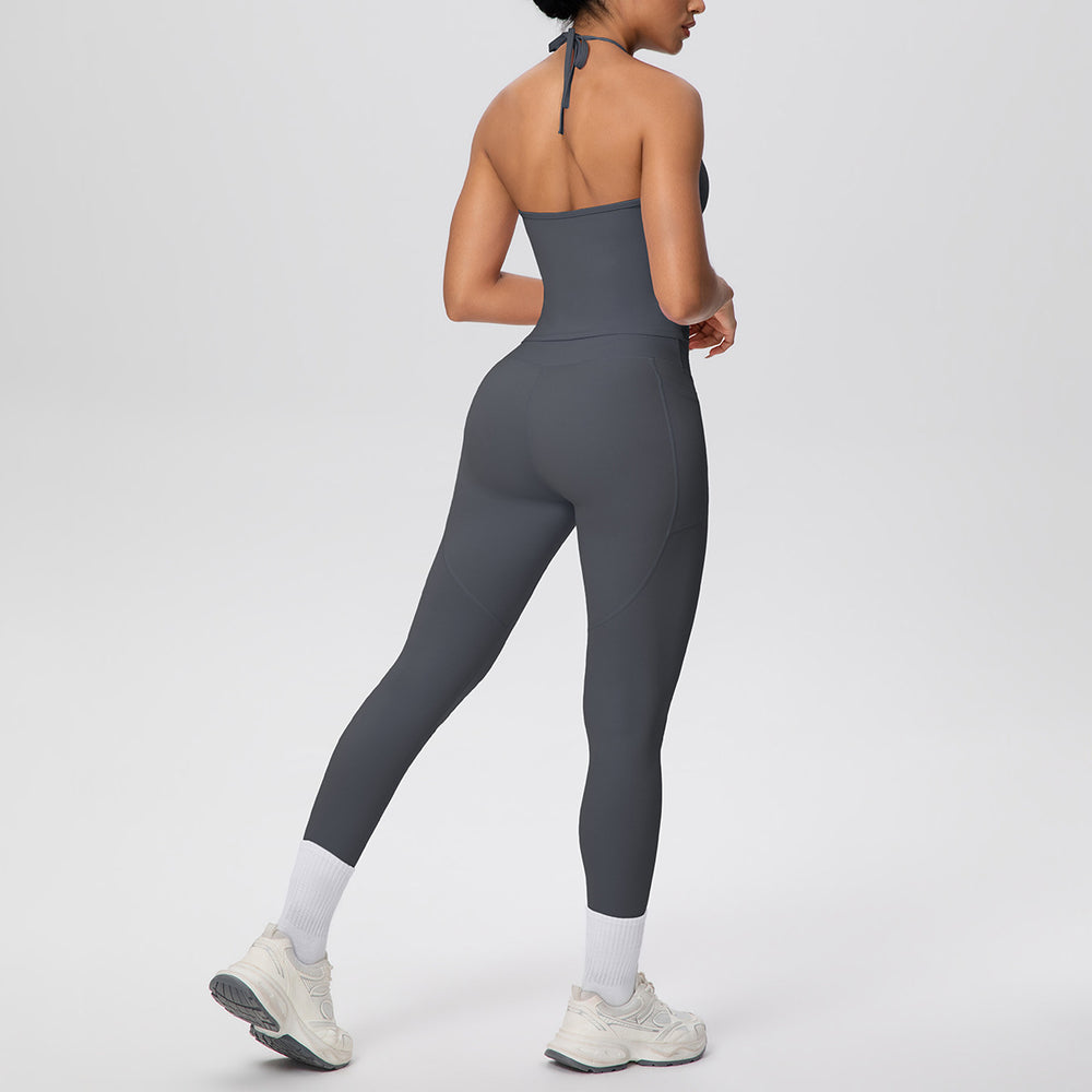 pure color brushed beautiful back tight strap halterflap pocket pants yoga suit sports running fitness two-piece set