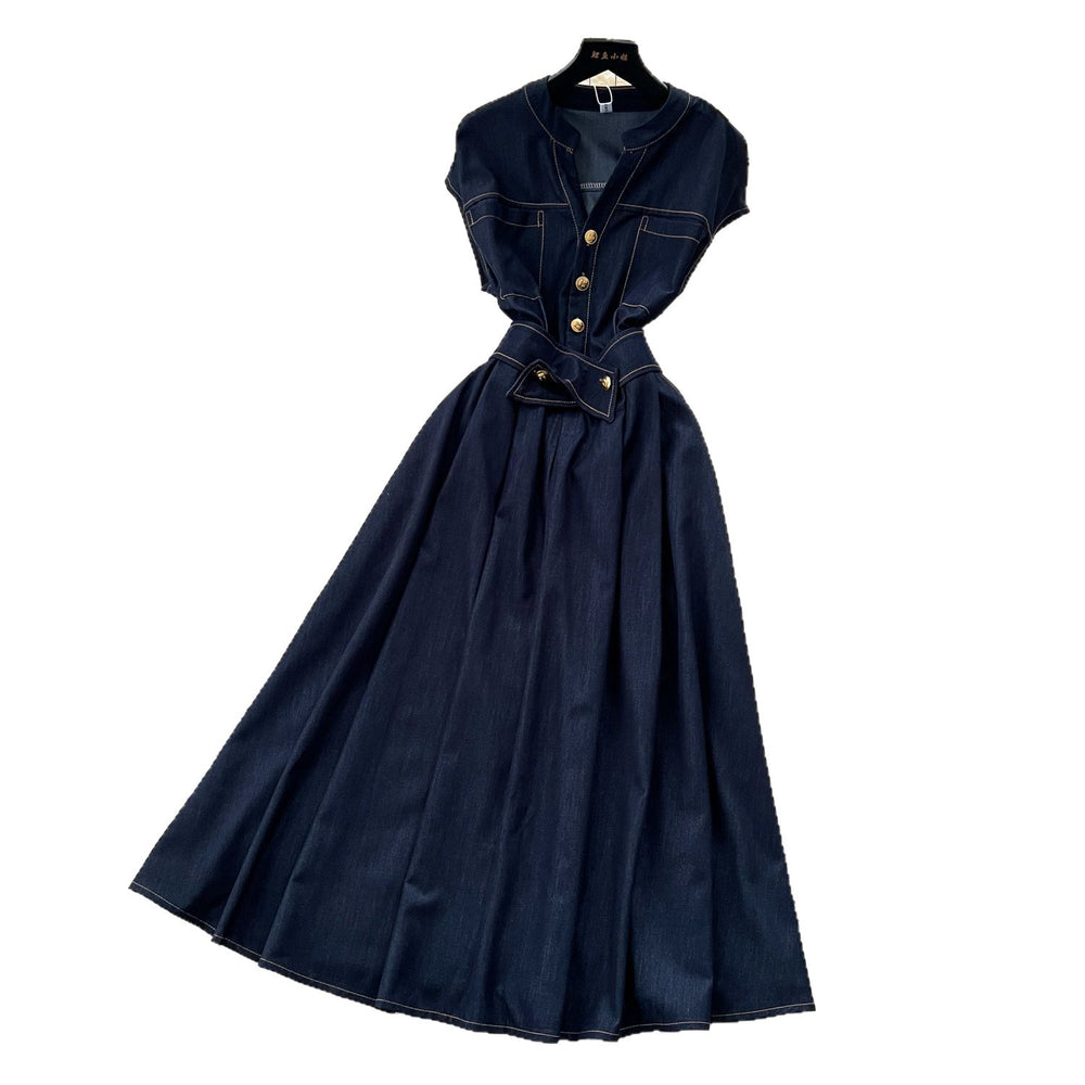 Frenchretrov neck metal buckle topstitch waist elegant sleeveless dress women's summer slimming lookelegance denim long skirt